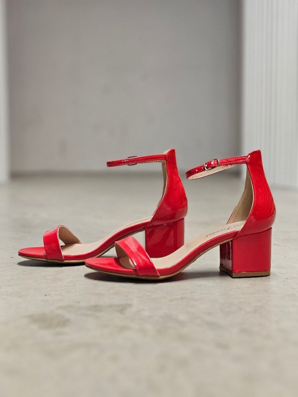Red Patent Block Heel Sandals With Ankle Strap - Womens Dress Shoes